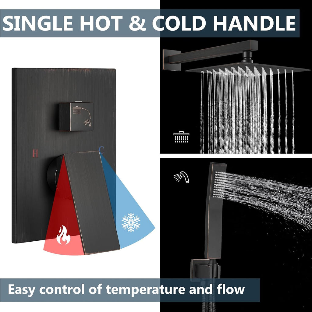 Aolemi Shower Faucet Set Rain Shower System with Handheld Spray Bathroom Shower Combo Rough-in Valve and Shower Trim Kit Included Oil Rubbed Bronze 10 Inch Wall Mount Shower Head