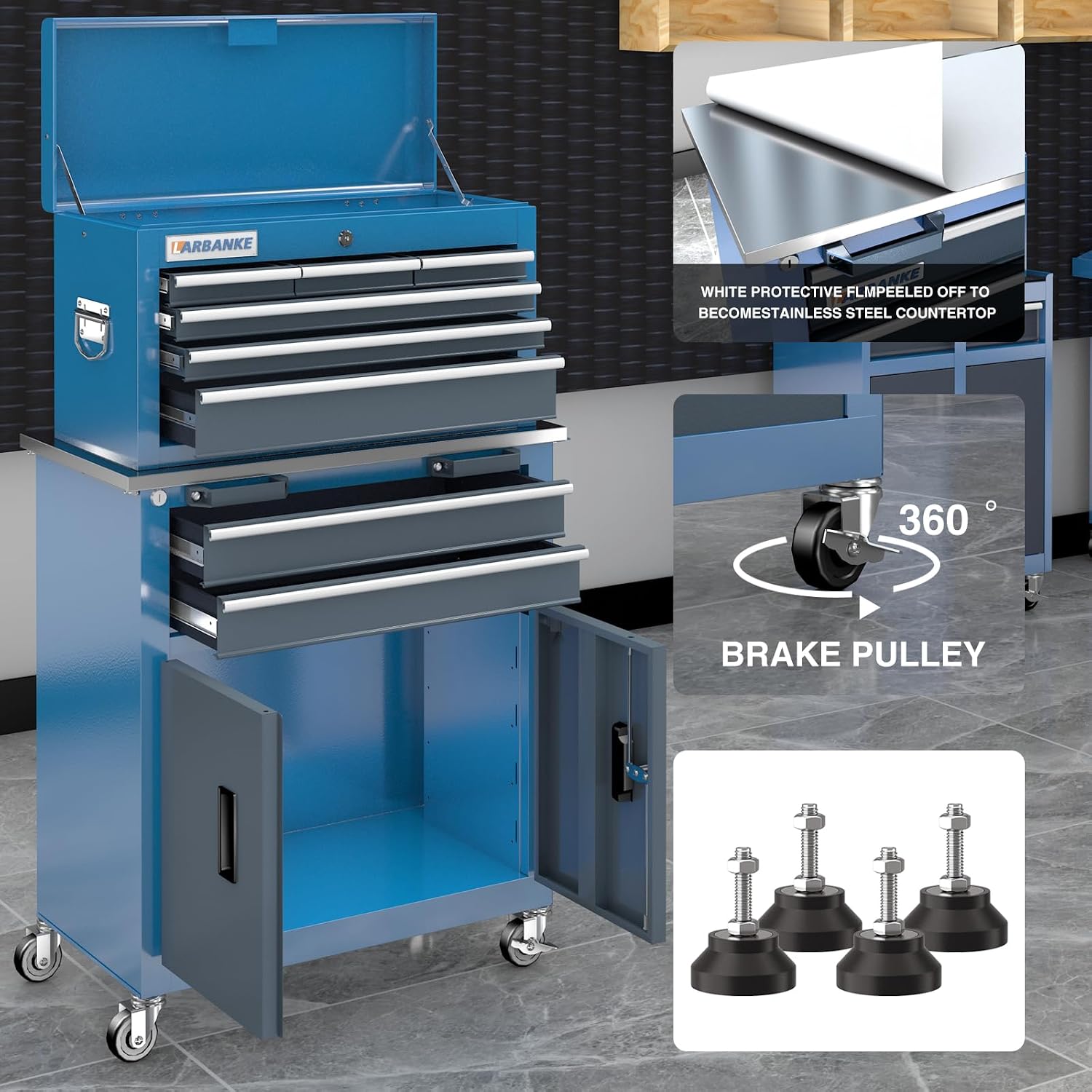 Rolling Tool Chest with Connection Buckle,7-Drawer Tool Chest and 8-Drawer Tool Box with Metal Stainless Tabletop,Locking System Storage Tool Cabinet with 360° Brake Swivel Wheels and Foot Pad