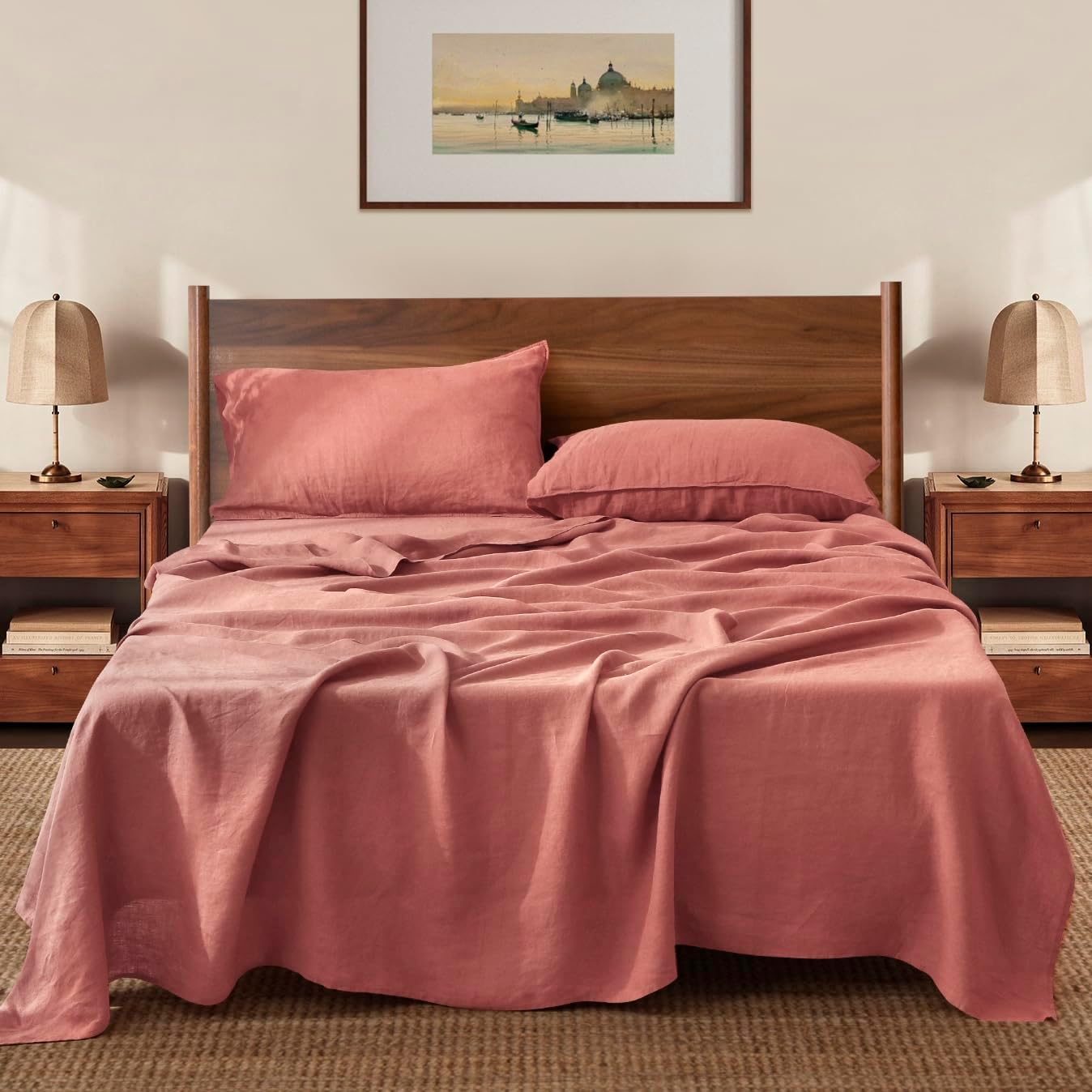 S VICTORY SYMBOL 100% Organic Linen Sheets Set King Size,Washed French Flax Bed Sheets 4Pcs(2 Pillowcases,1 Fitted Sheet,1 Flat Sheet) Breathable Soft,Clay