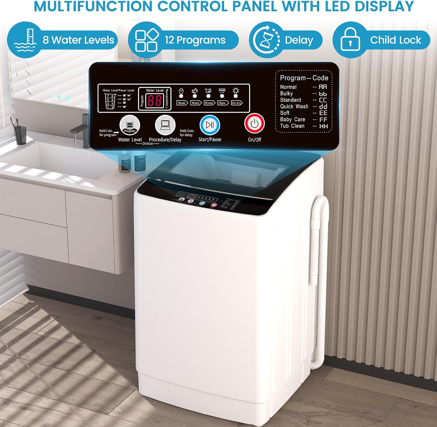 Zynkez 35 lbs Washing Machine, Fully Automatic Portable Washer with 12 Wash Cycles, 8 Water Levels, 24H Delay Start, Lagre Washer and Spin Dryer Combo with Drain Pump for Apartment Home