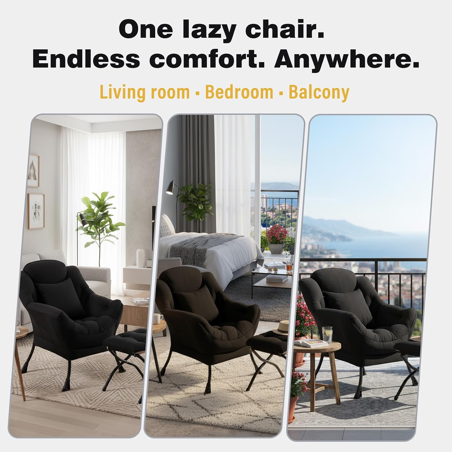 Lazy Chair with Ottoman, Large Accent Chair with Ottoman and a Throw Pillow, Black Reading Chair for Living Room Bedroom Dorm Room Office Apartment Relaxing Use