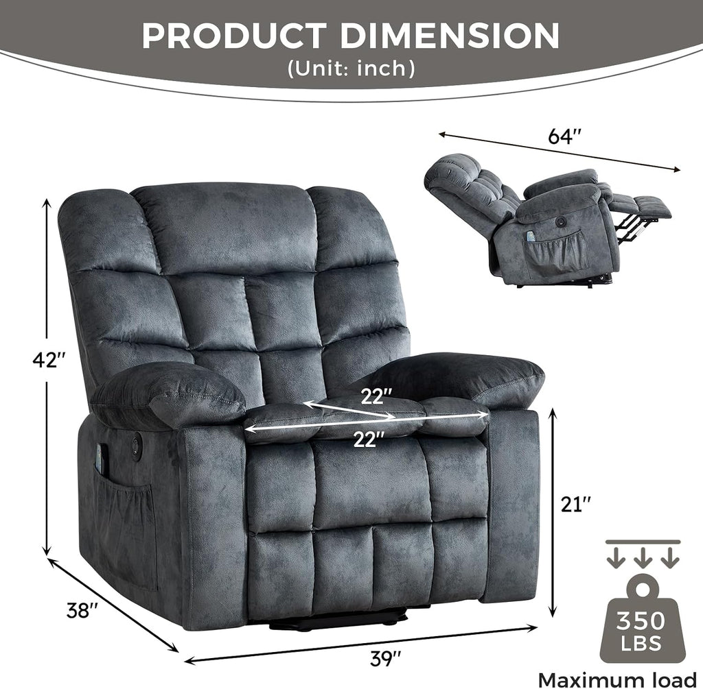 IOMOR Power Lift Recliner Chair for Elderly with Massage and Lumbar Heating, Overstuffed Electric Lift Chair with 2 Side Pockets and Cup Holders, USB & Type-C for Living Room, Textile Green Gray