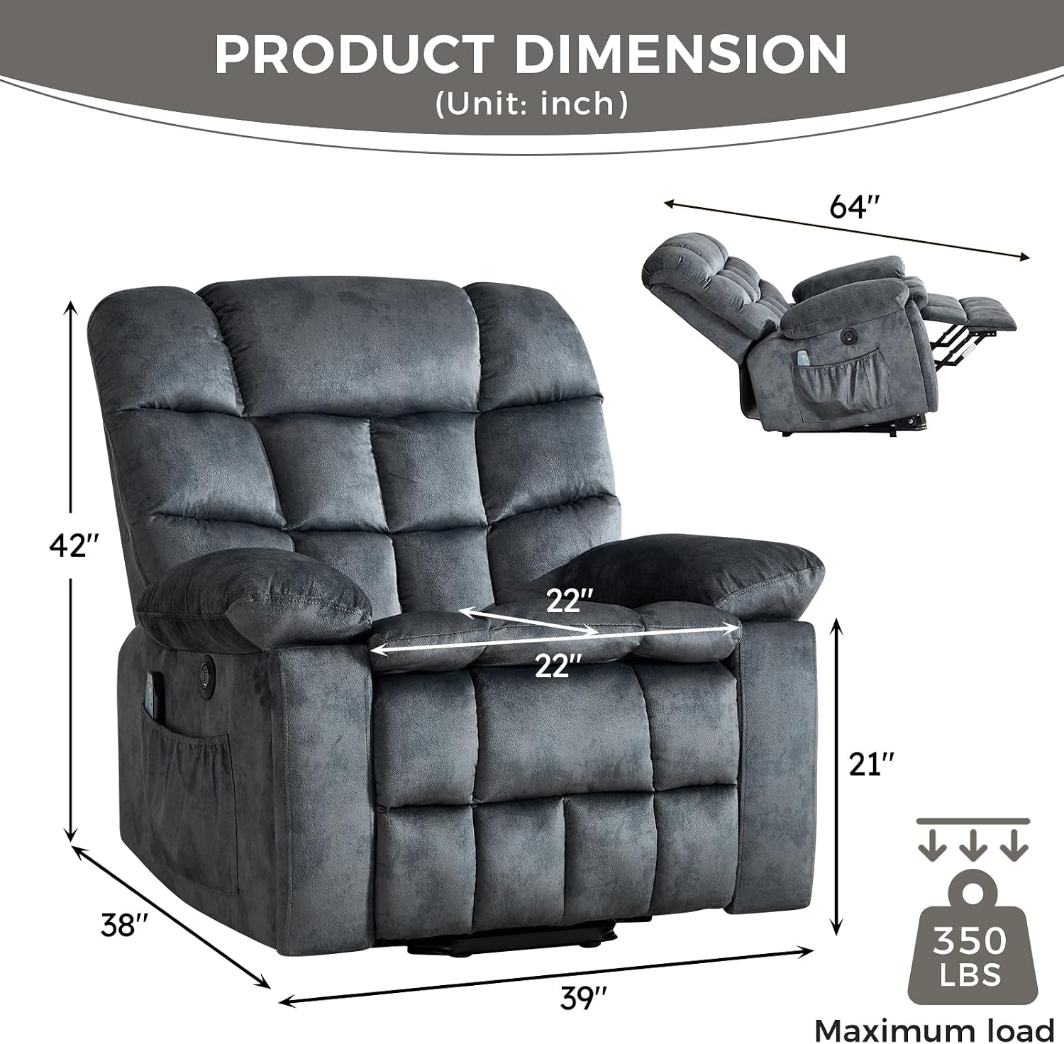 IOMOR Power Lift Recliner Chair for Elderly with Massage and Lumbar Heating, Overstuffed Electric Lift Chair with 2 Side Pockets and Cup Holders, USB & Type-C for Living Room, Textile Green Gray