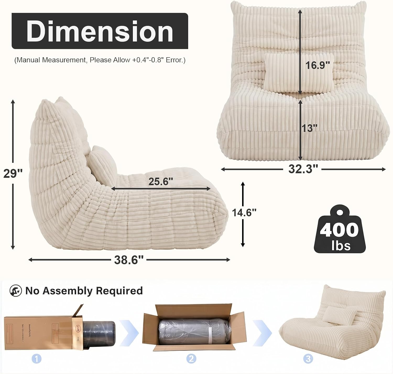 Bean Bag Chair with Lumbar Pillow, Gaint Bean Bag Chairs for Adults, Oversized Corduroy Beanbag Chair with Memory Foam Filled, Lazy Floor Sofa for Reading Gaming Living Room Bedroom (Beige)
