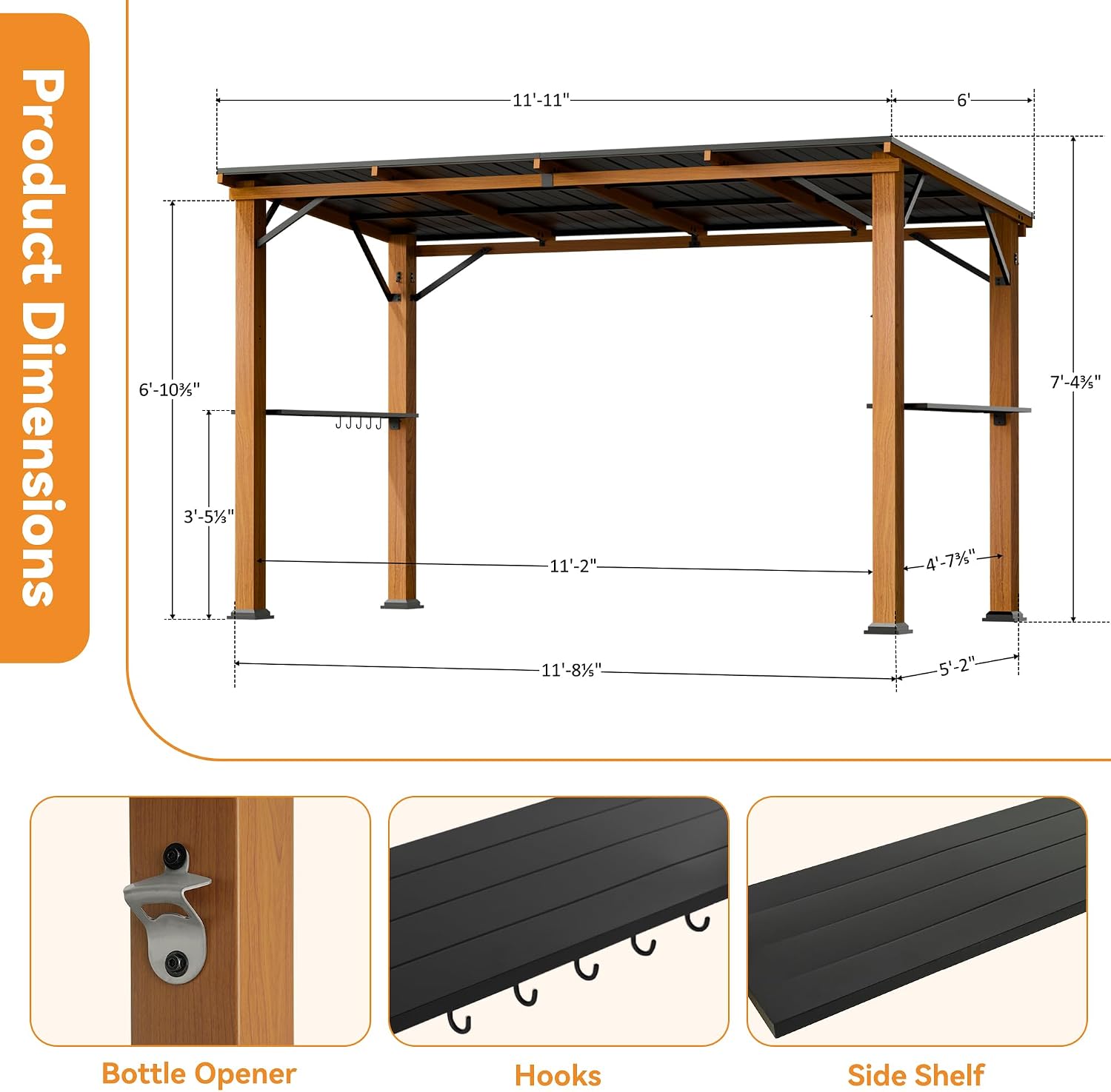 Covered Outdoor Grill Gazebo 6'x12'with Side Shelf, Outdoor Hardtop Gazebo with Bottle Opener & Hooks, Grill Canopy with Sturdy Rustproof Design for Backyard, Garden, Patio,Wood-Looking