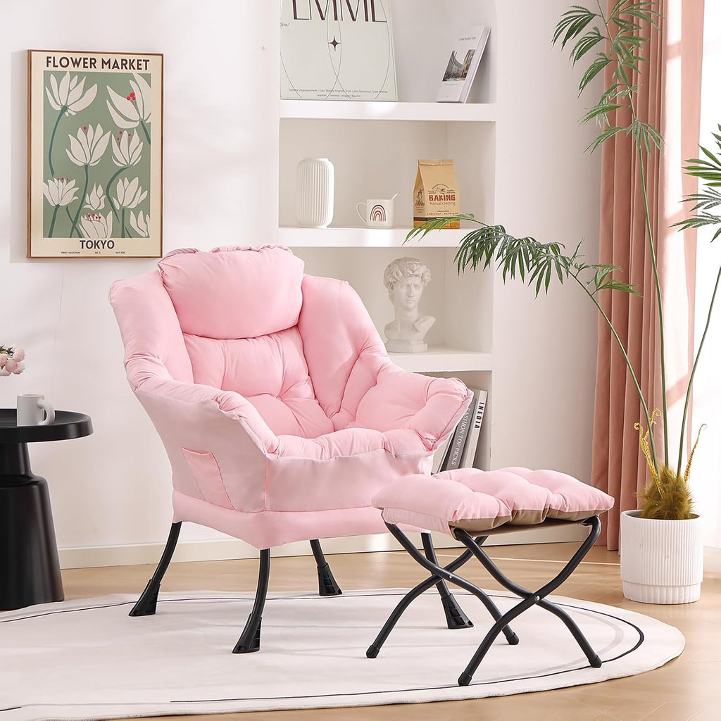 Welnow Pink Lazy Chair with Ottoman, Modern Reading Accent Chair with Armrests and a Side Pocket, Leisure Upholstered Lazy Sofa Set with Footrest for Small Space