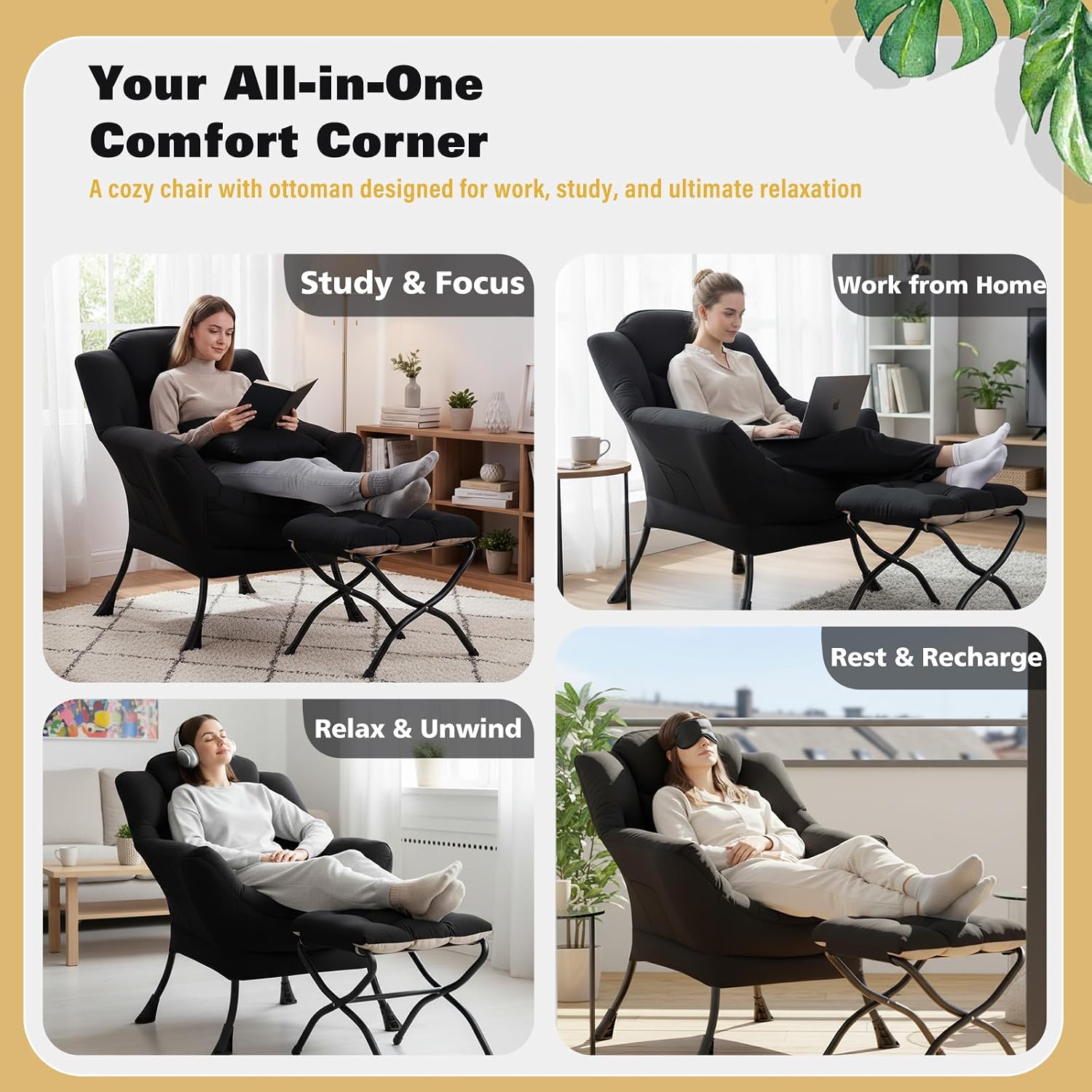 Lazy Chair with Ottoman, Large Accent Chair with Ottoman and a Throw Pillow, Black Reading Chair for Living Room Bedroom Dorm Room Office Apartment Relaxing Use