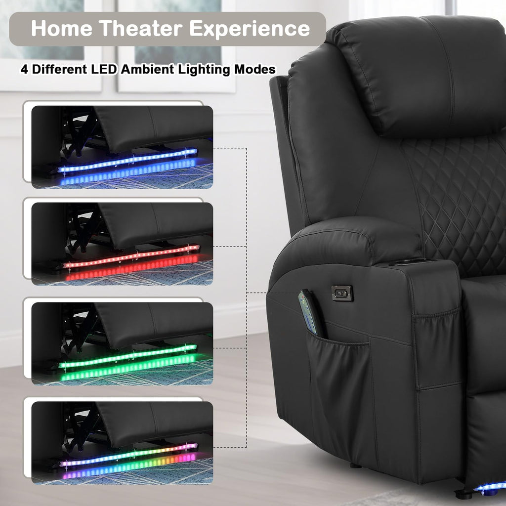 Power Recliner Chair with Heat and Massage for Adults - Home Theater Seating with LED Lights,Cup Holders,Side Pocket,USB Port - Recliner Sofa for Living Room (Black, Set of 2)