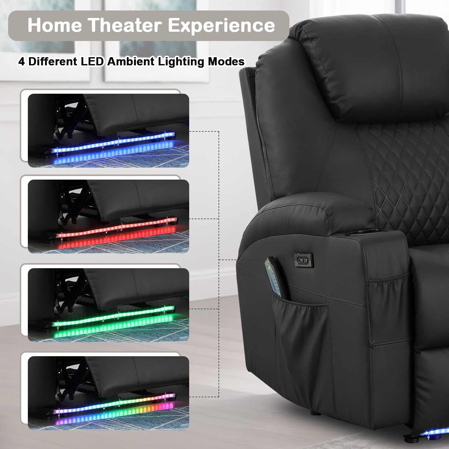 Power Recliner Chair with Heat and Massage for Adults - Home Theater Seating with LED Lights,Cup Holders,Side Pocket,USB Port - Recliner Sofa for Living Room (Black, Set of 2)