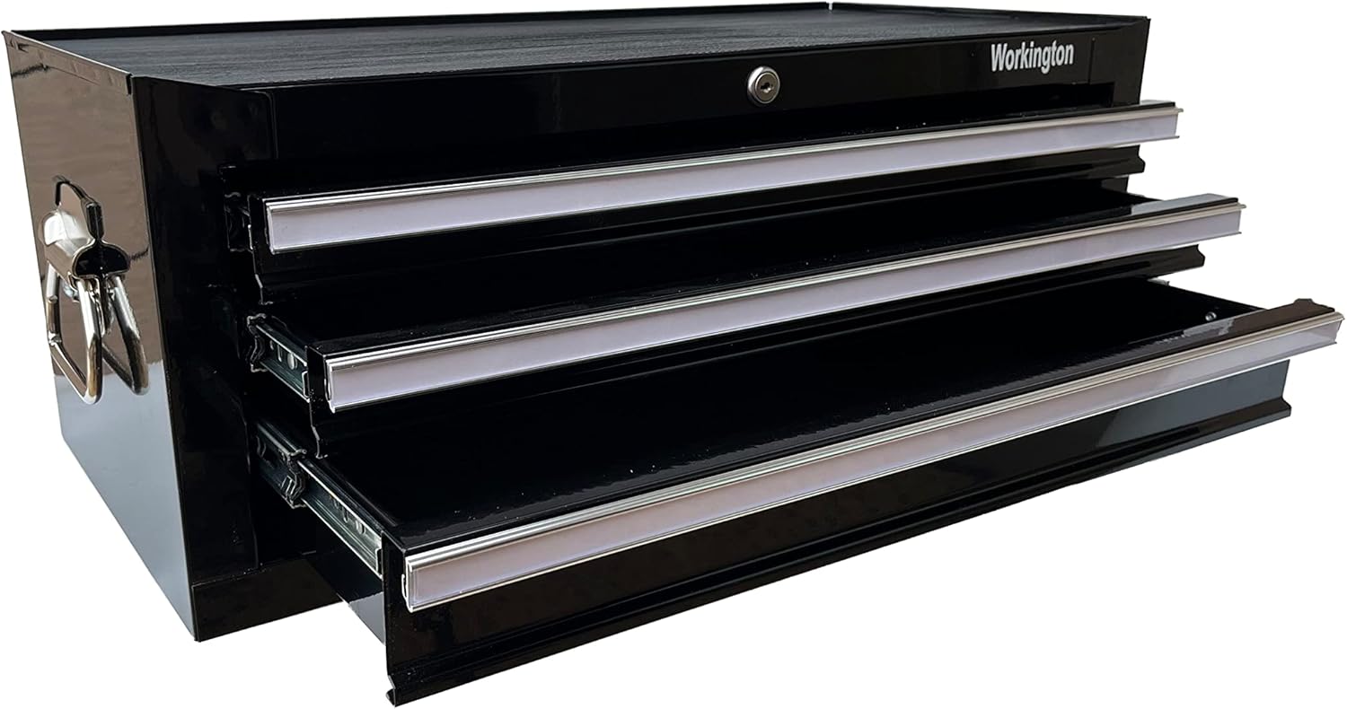 Workington Industrial 3 Drawers Portable Metal Intermediate Box, 26' Middle Tool Chest Cabinet with Ball Bearing Drawer Slides, Steel Tool Storage Box Organizer 4009 Black