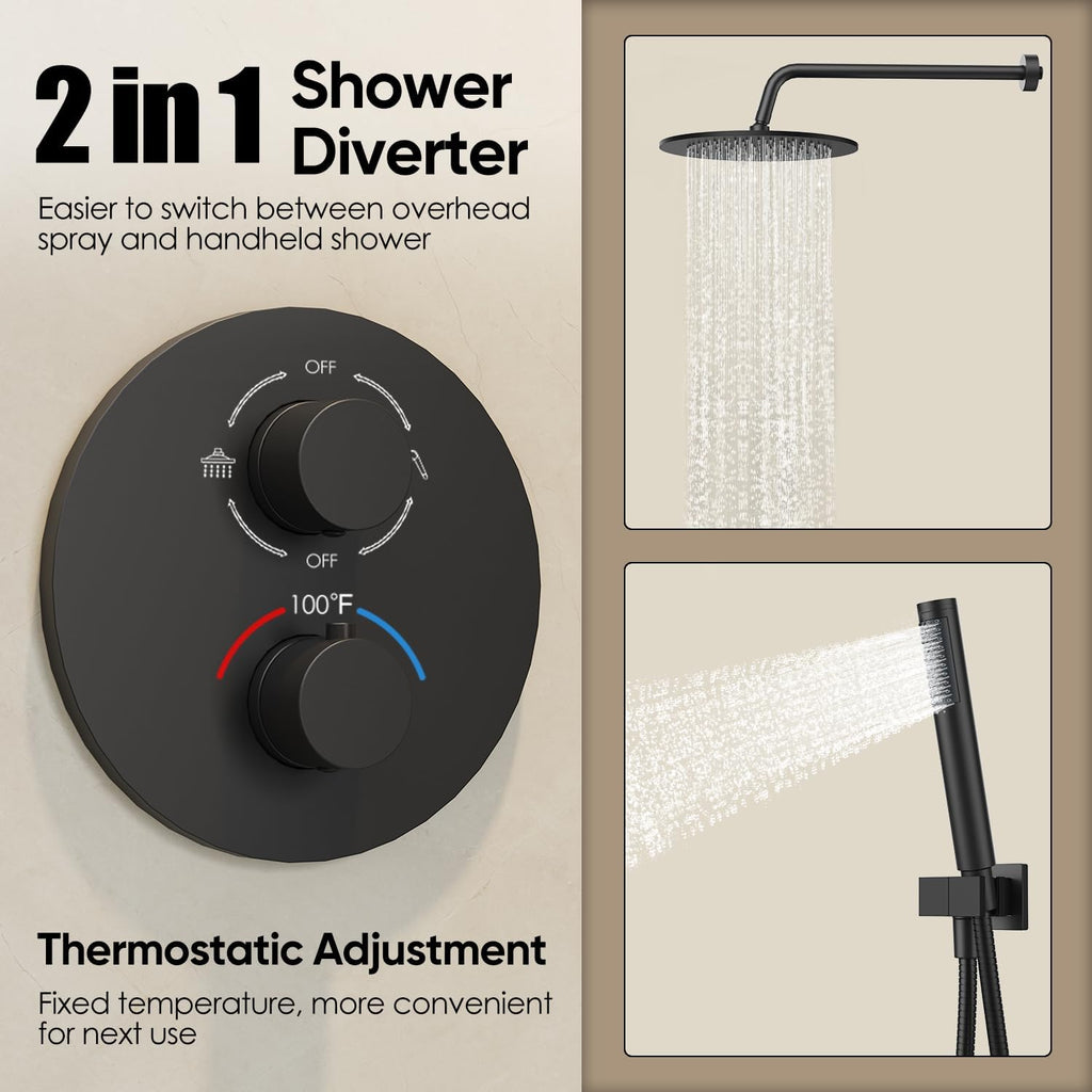 Gabrylly Thermostatic Shower Faucet Set, All Metal Shower System with Anti Scald Shower Valve, High Pressure 10' Rain Shower head with Handheld Spray Combo, Matte Black