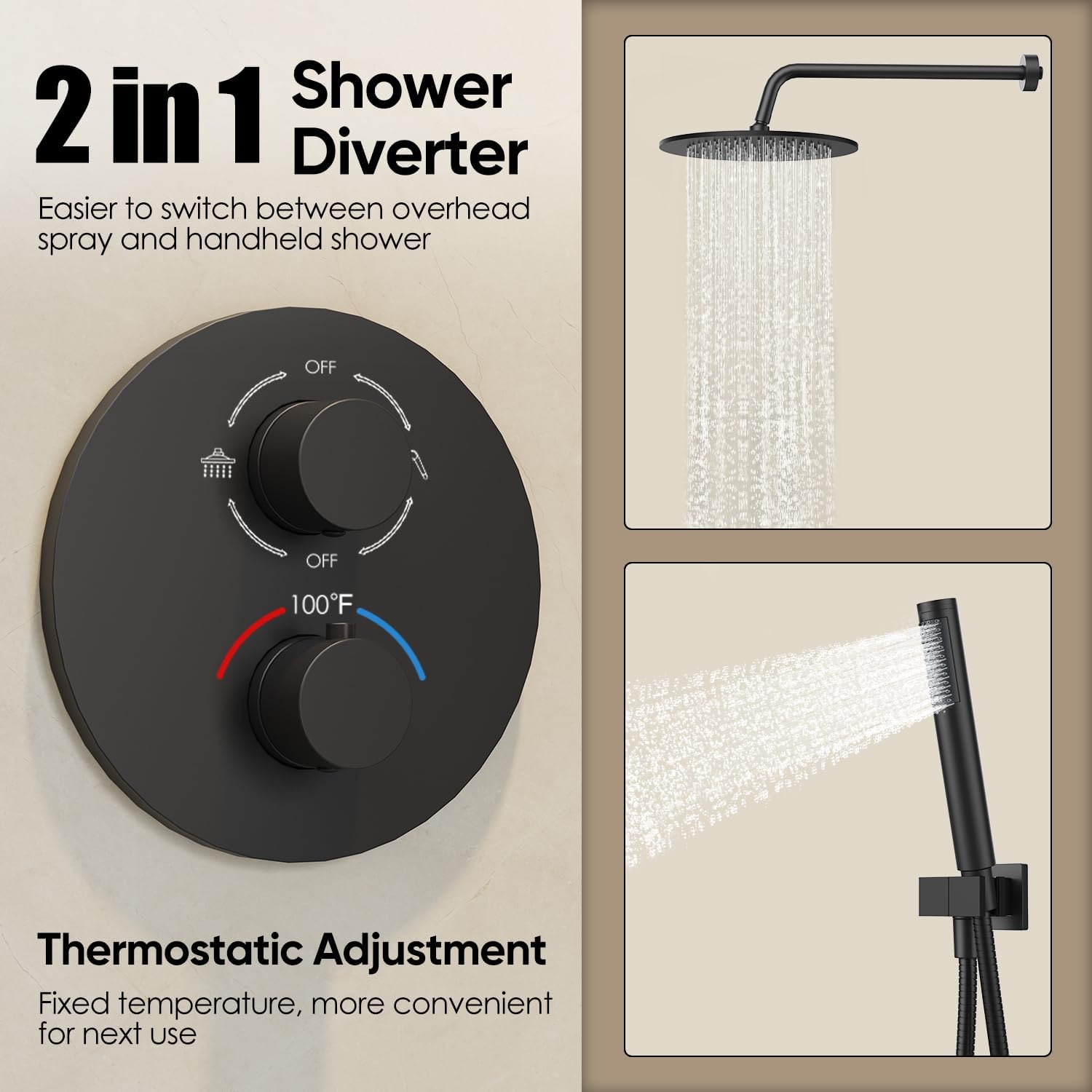 Gabrylly Thermostatic Shower Faucet Set, All Metal Shower System with Anti Scald Shower Valve, High Pressure 10' Rain Shower head with Handheld Spray Combo, Matte Black