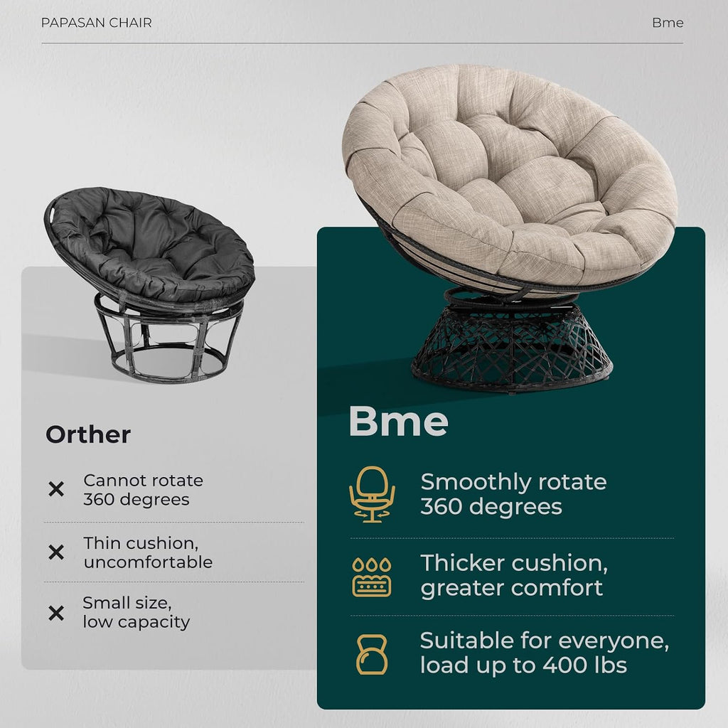 Bme 40' Ergonomic Wicker Papasan Chair with Soft Thick Cushion & Frame, 360° Swivel Papasan Chair, Circle Chair, Reading Chair, Chair for Living Room, Bedroom, Silver Cloud - Black Frame