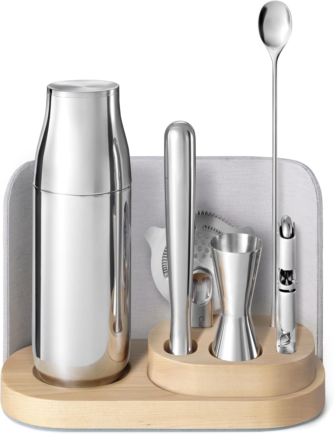 Caraway 9-Piece Complete Bar Set - Cocktail Shaker, Jigger, Muddler, Wine Key, Strainer, Bar Spoon, Storage Organizer, Magnetic Backer - Bartender Accessories - Tools for Home Bartending - Gray