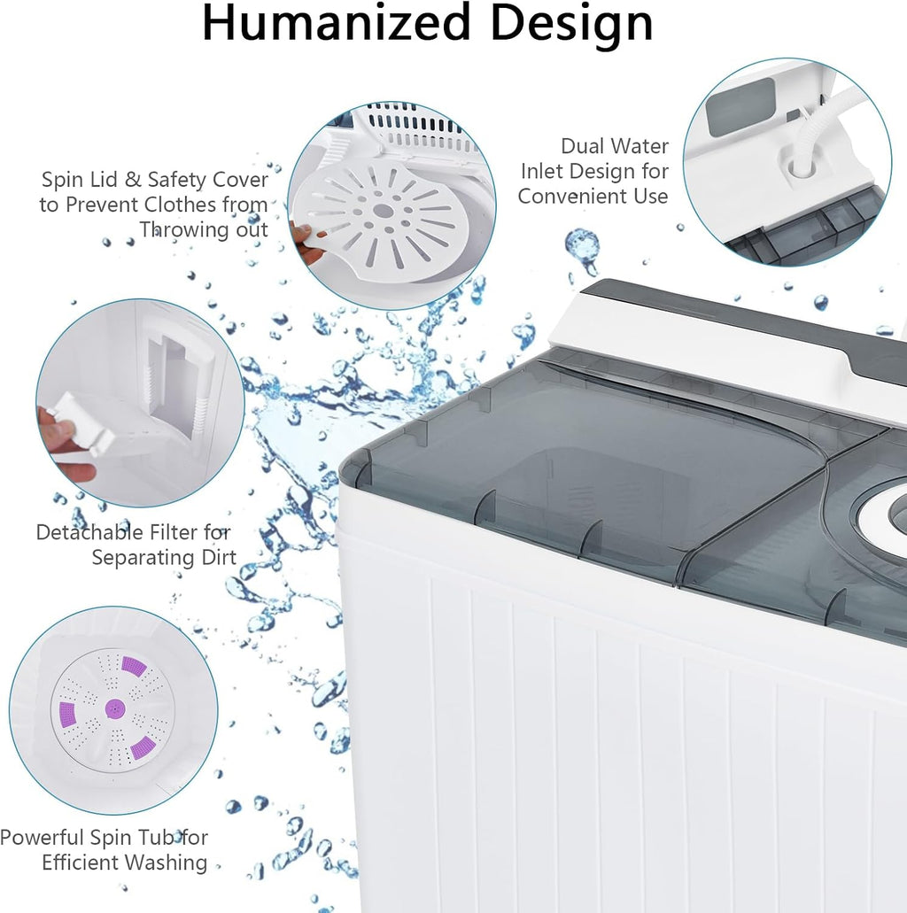COSTWAY Portable Washing Machine, Twin Tub 26 Lbs Capacity, 18 Lbs Washer and 8 Lbs Spinner, Compact Washer with Control Knobs, Timer Function, Drain Pump, Laundry washer for Apartment RV, Grey