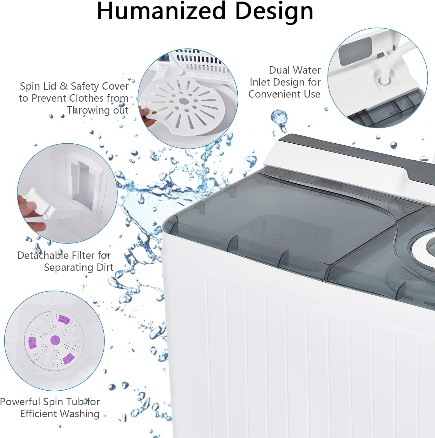 COSTWAY Portable Washing Machine, Twin Tub 26 Lbs Capacity, 18 Lbs Washer and 8 Lbs Spinner, Compact Washer with Control Knobs, Timer Function, Drain Pump, Laundry washer for Apartment RV, Grey