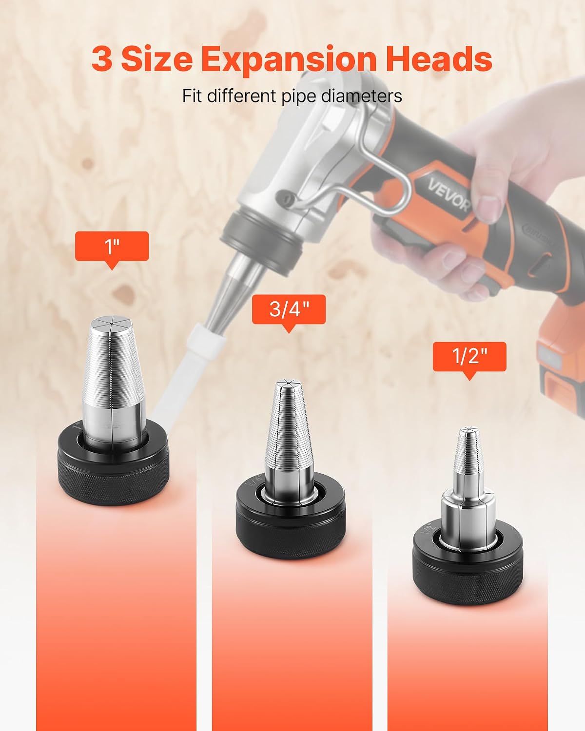 VEVOR Cordless Tube Expander, 20V Max Electric Tubing Expansion Tool for 1/2', 3/4', 1' PEX-A Pipes, 22000RPM Pipe Expander with 3 Expanding Head, 2pcs 2AH Battery, Fast Charger & Carrying Case