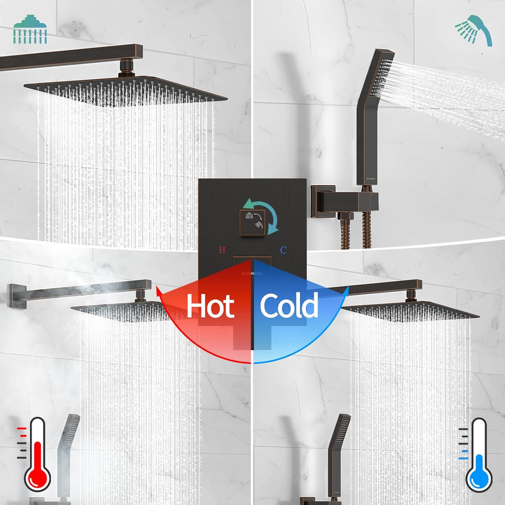 SR SUN RISE ORB Square Rainfall Shower Head and Handle Set, Wall Mounted Shower Fixtures, Metal Shower Faucet Trim Repair Kits (With Shower Valve) 10 Inches