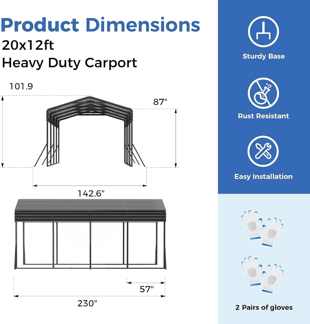AirWire Carport Canopy 12'X20' Heavy Duty Car Port Galvanized Steel Roof, Reinforced Stable Triangle Frame for Snowy Windy Metal Carports Enhanced Base Car Tent for Car,RV,Pickup,Boat,Truck,Tractor
