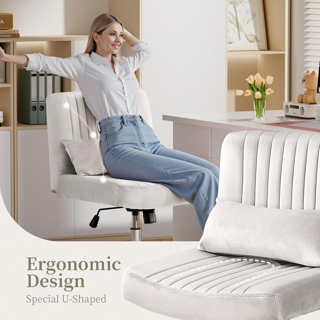 Warmiehomy Velvet Office Chair, Luxury Criss Cross Chair with Wheels, Comfy Cross Legged Desk Chair for Home Office, Stylish Vanity Chair, Wide Seat Computer Chair, Best Gift for Girls, Pure White