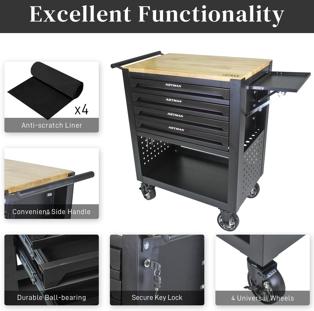 Rolling Tool Cart with 4-Drawer Wood Top Utility Tool Chest on Wheels Mechanic Tool Storage Organizer Cabinet for Garage, Warehouse, Workshop, Repair Shop (Black)