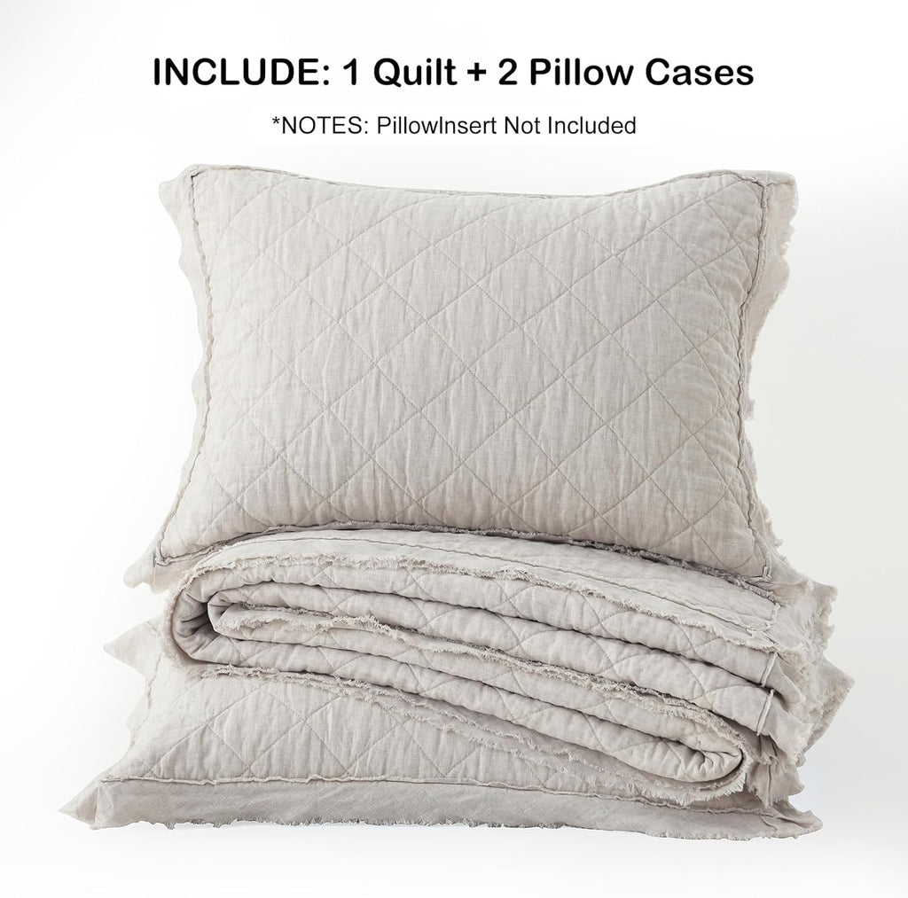 HORIMOTE HOME 100% Linen Front/100% Cotton Back Quilt Set King Size, Beige Pre-Washed European Flax Linen Quilt, Diamond Stitch Bedspread Coverlet Bedding Set 3-Piece for All Seasons