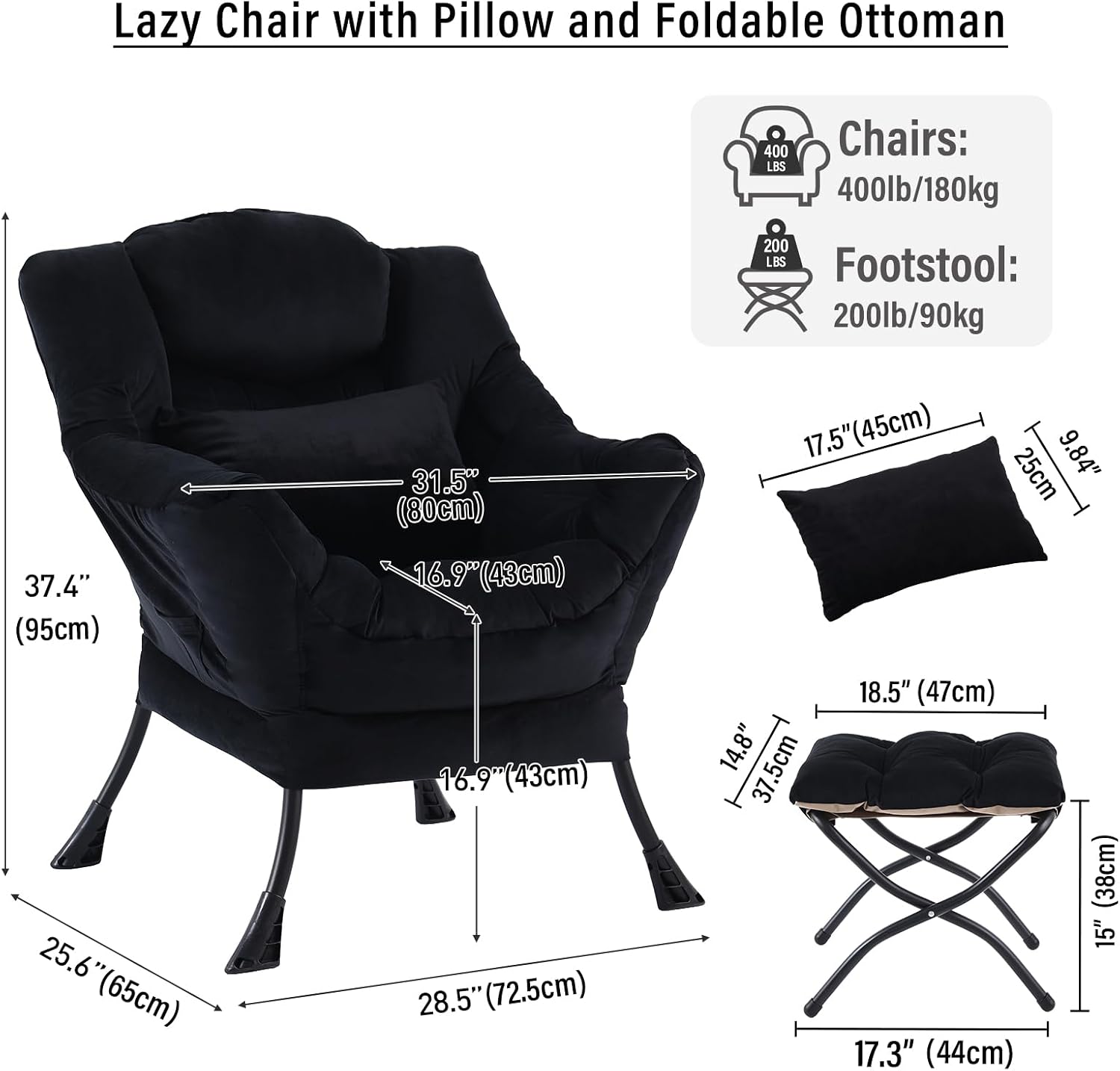 Lazy Chair with Ottoman, Modern Accent Chair with Lumbar Pillow, Velvet Black Sofa, Armchairs with Folding Footrest, Oversized Supportive Chairs for Bedroom, Reading