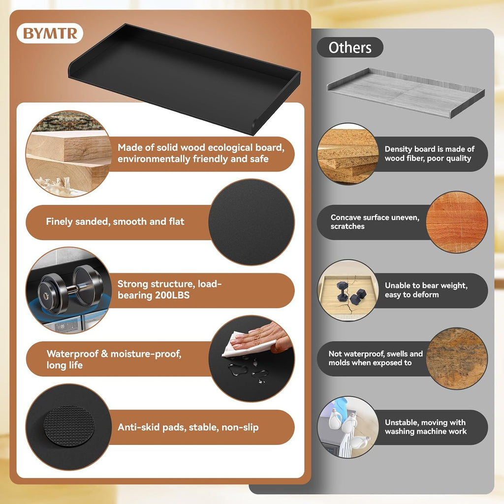 Washer Dryer Countertop, 27.5' D x 54' W Washer and Dryer Topper Covers with Edge Rails, Wood Laundry Room Countertop Shelves for Laundry Room Organization and Storage (Black)