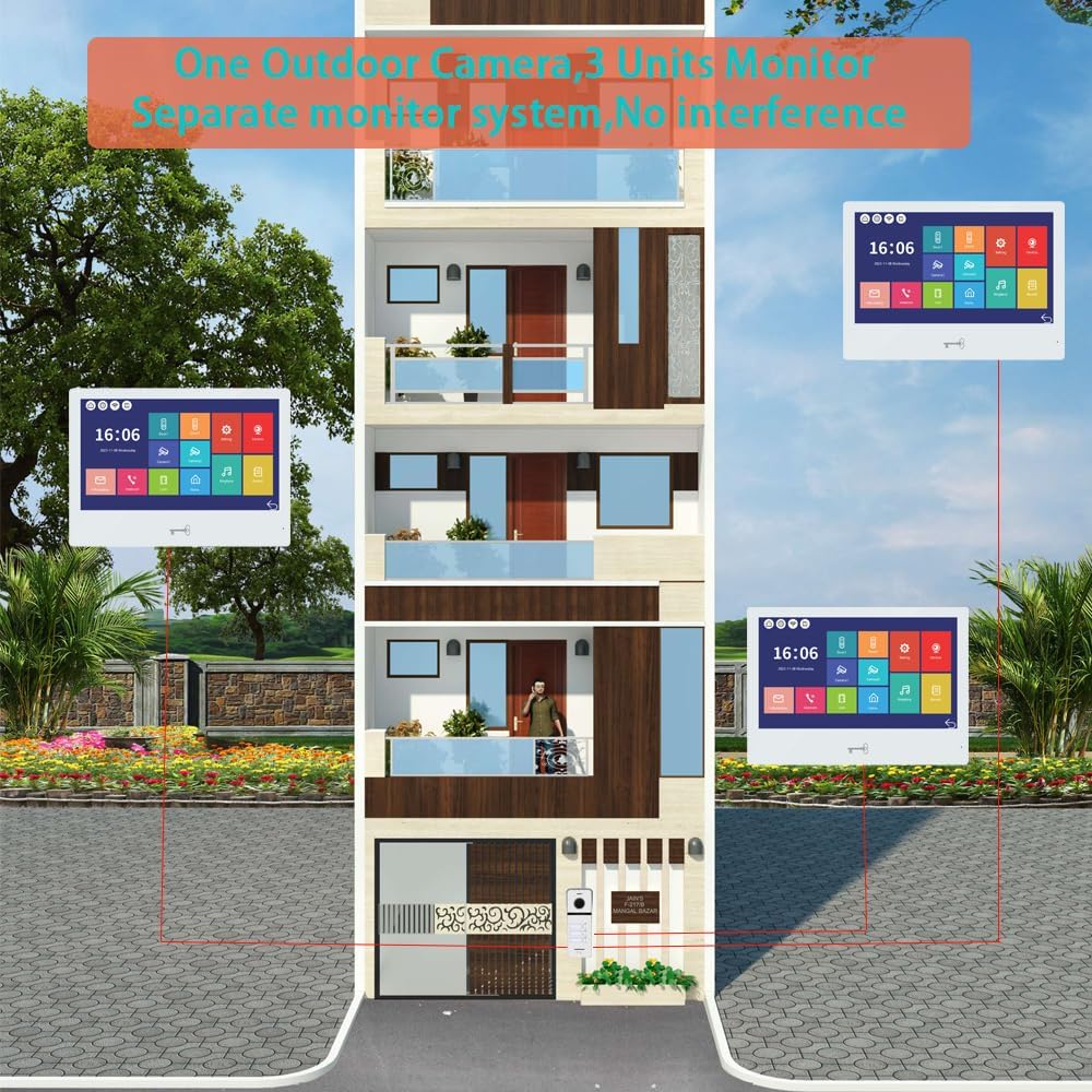 Wired Video Doorbell Apartment Intercom System 3 Units 10 Inches Touch Monitor Wireless WiFi 1080P Camera Phone Kit,Support Monitoring,Unlock for Home Villa (1 Black doorbell+3white Monitor)