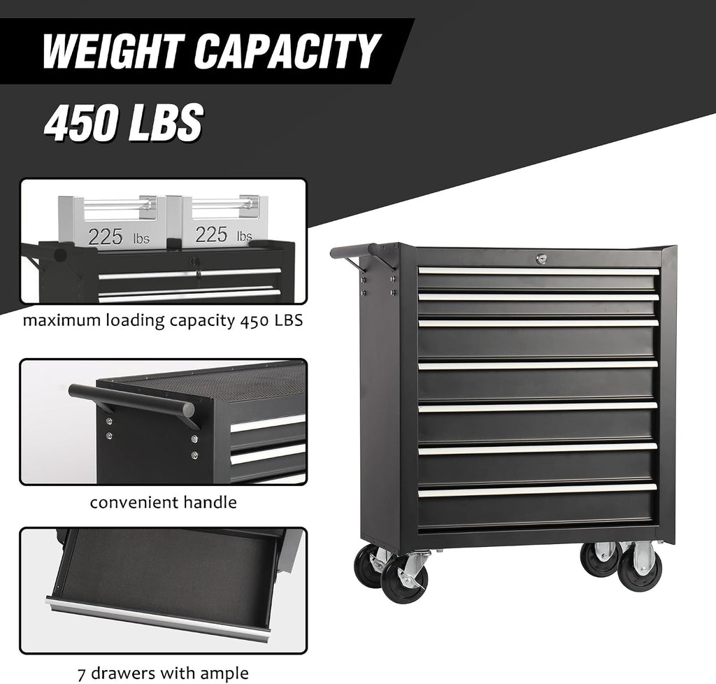 7-Drawer Rolling Tool Chest w/Drawers & Lock, Tool Storage Cabinet with Lockable Wheels, Top Cushion & Drawer Liners, Tool Organizer Box for Garage, Warehouse & Repair Sho