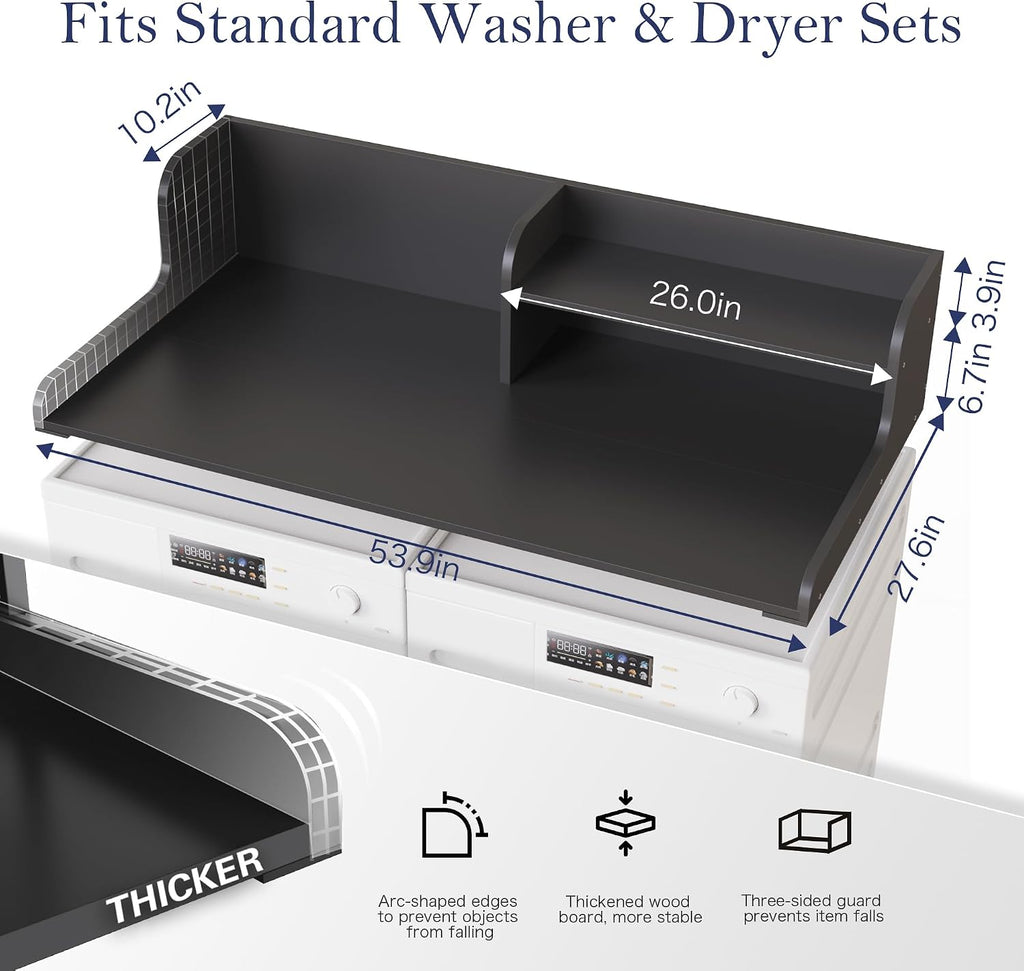 DTK Washer Dryer Wood Countertop with Shelf, Laundry Topper with Non-Slip Mat,27.55' Depth x 54' Width Dryer Covers for The Top with Edge Rails, Black