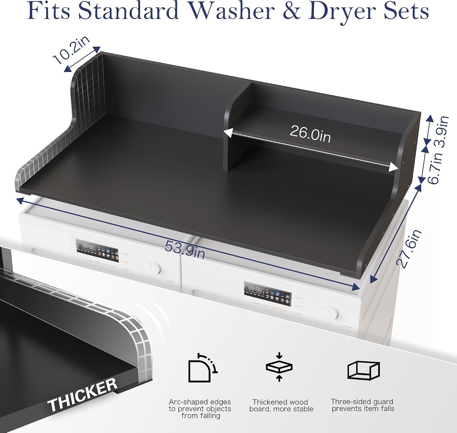 DTK Washer Dryer Wood Countertop with Shelf, Laundry Topper with Non-Slip Mat,27.55' Depth x 54' Width Dryer Covers for The Top with Edge Rails, Black