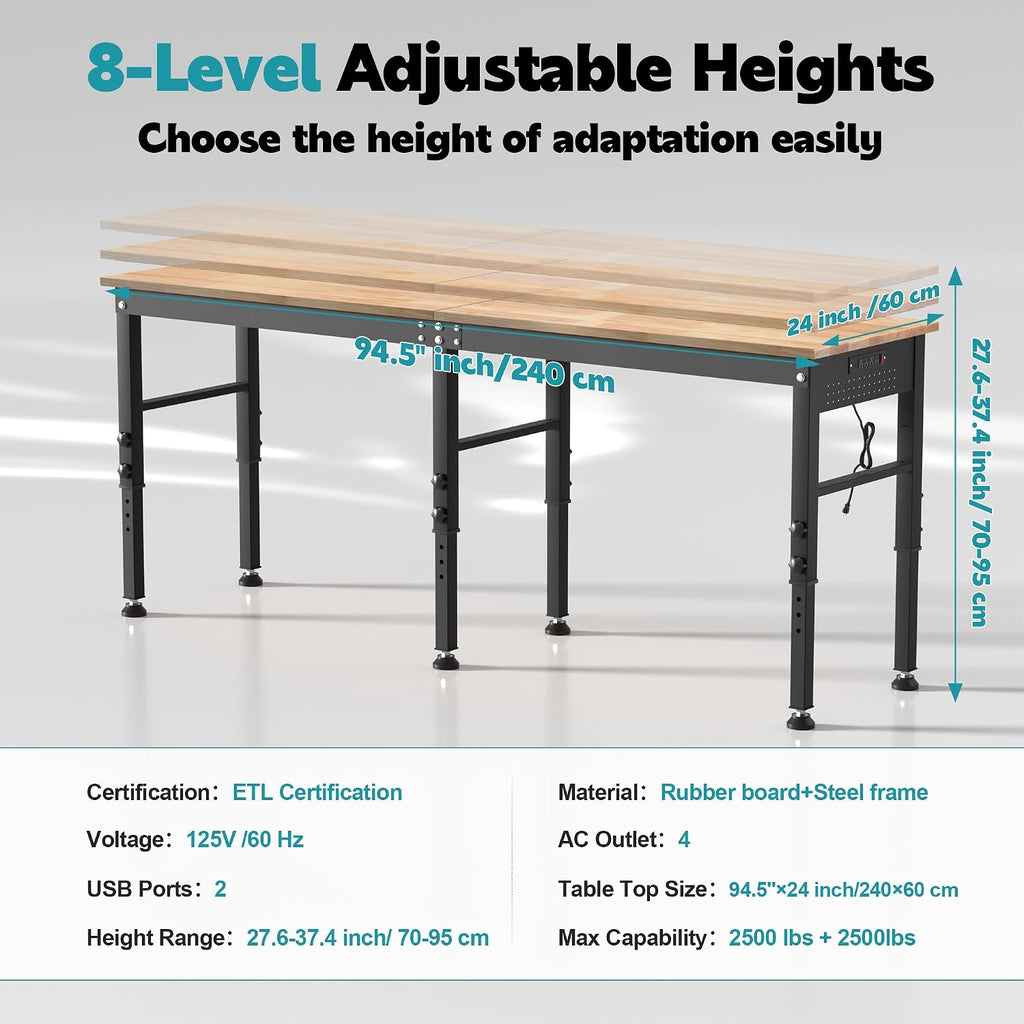 96'' Adjustable Workbench, 2500 LBS Load Capacity Heavy Duty Workstation with Power Outlets, Rubber Wood Top Worktable for Garage, Office,Workshop, Commercial