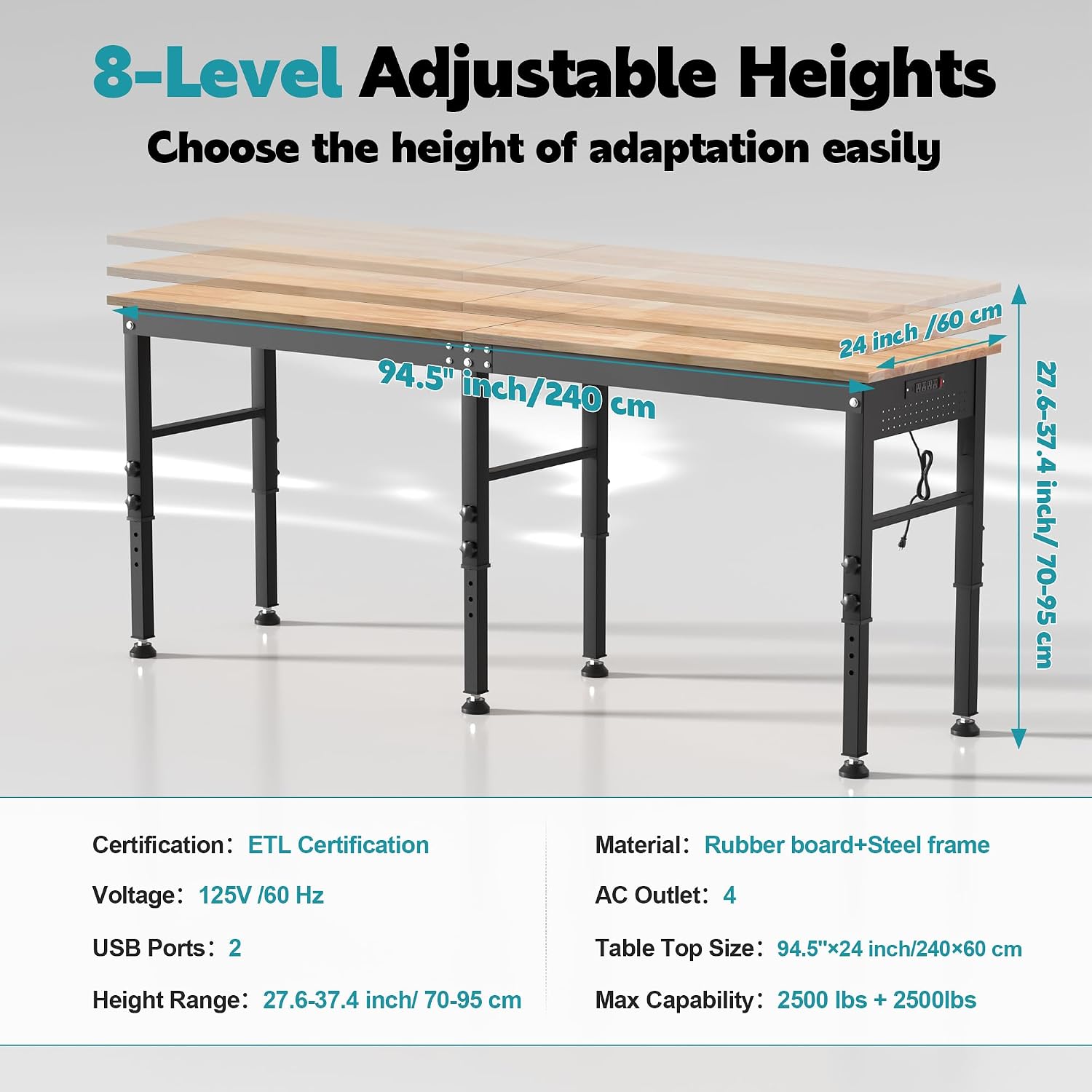 96'' Adjustable Workbench, 2500 LBS Load Capacity Heavy Duty Workstation with Power Outlets, Rubber Wood Top Worktable for Garage, Office,Workshop, Commercial