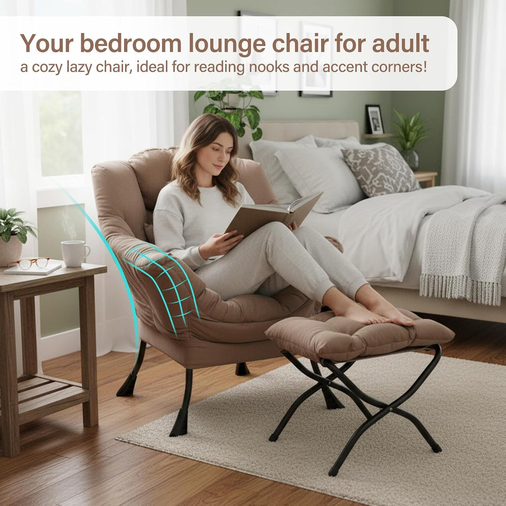 Lazy Chair with Ottoman, Modern Accent Chair with Lumbar Pillow, Velvet Khaki Sofa, Armchairs with Folding Footrest, Oversized Supportive Chairs for Bedroom, Reading