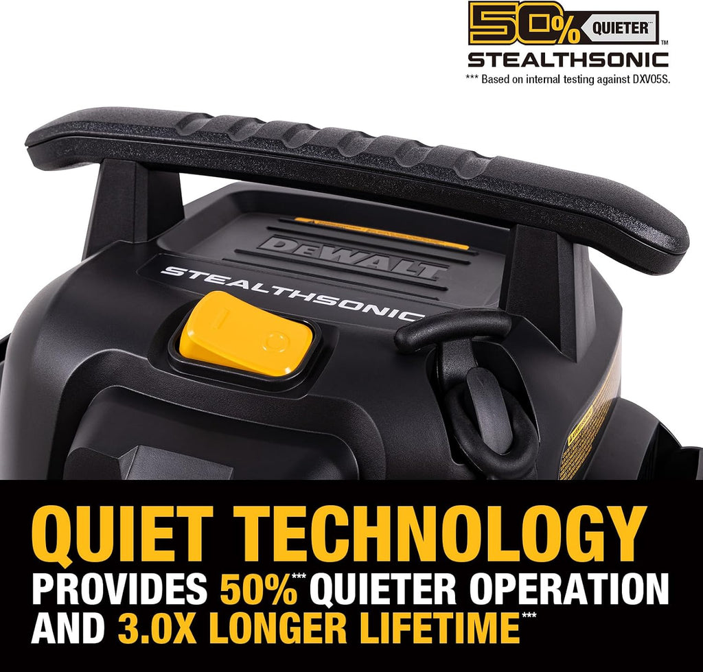 DEWALT 5 Gallon STEALTHSONIC Shop Vacuum Wet and Dry, Powerful Suction & Portable Shop Vac with Attachments, Ultra Quiet Wet Dry Vacuum for Home, Garage, Car, Workshop, Jobsite, DXV05S-QT, 4 Peak HP