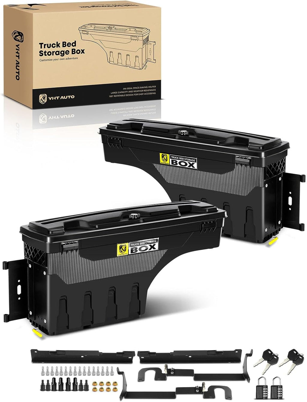 YHTAUTO Set of 2 Truck Bed Storage Tool Box Lockable Compatible with Ford Ranger 2019-2023, Driver and Passenger Side, Not Fit the Model with Bed Liner, Swing Waterproof Wheel Well Toolbox