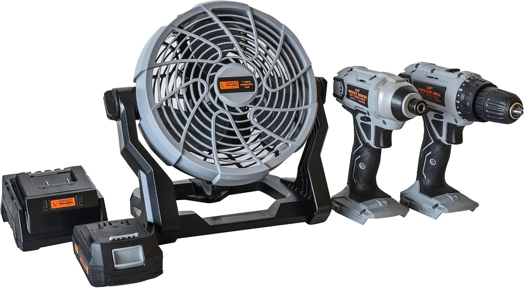 Buffalo Tools LIDDFKIT20: 5 Piece Combo Kit With Fan - 3/8 Inch Drill And 1/4 Inch Impact Driver Set With 20V Lithium Ion Rechargeable Battery And Charger And 3-Speed Cordless Fan