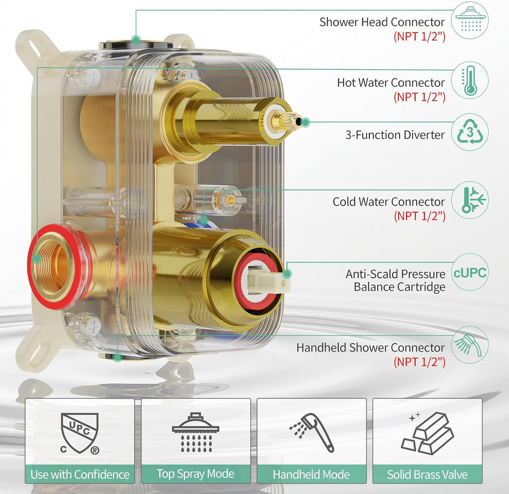 SR SUN RISE 12 Inch Ceiling Mounted Shower System Rain Mixer Shower Combo Set Rainfall Shower Head System Brushed Gold Shower Faucet Trim Repair Kits with Shower Rough-in Valve Body and Trim