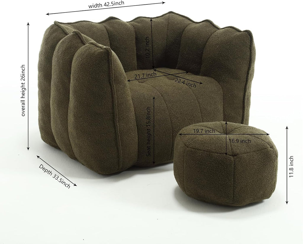 Giant Bean Bag Chair with Ottoman, Oversized Beanbag Chair for Adults, Comfy Floor Sofa Chair with Foam Filler, Pumpkin Lazy Lounger for Living Room, Game Room, Reading Corner, Chenille Olive Green