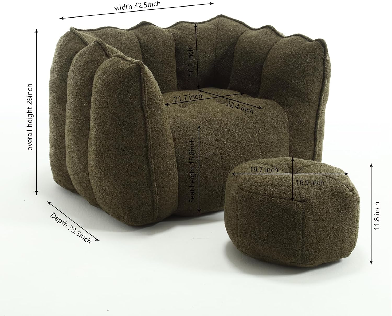 Giant Bean Bag Chair with Ottoman, Oversized Beanbag Chair for Adults, Comfy Floor Sofa Chair with Foam Filler, Pumpkin Lazy Lounger for Living Room, Game Room, Reading Corner, Chenille Olive Green