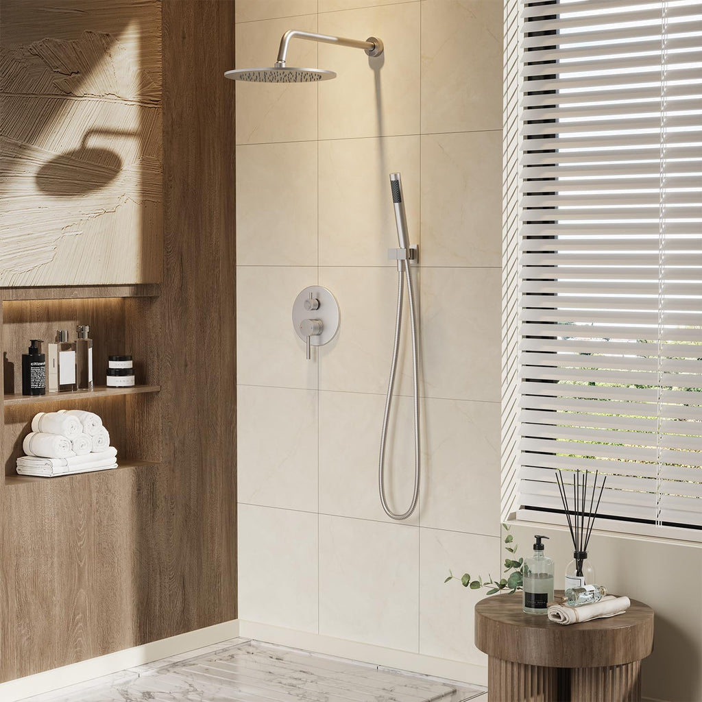 Gabrylly Shower System, Wall Mounted Shower Faucet Set with Shower Valve, High Pressure 10' Rain Shower head with Handheld Spray Combo, 2 Way Rainfall Shower Head Set, Brushed Nickel
