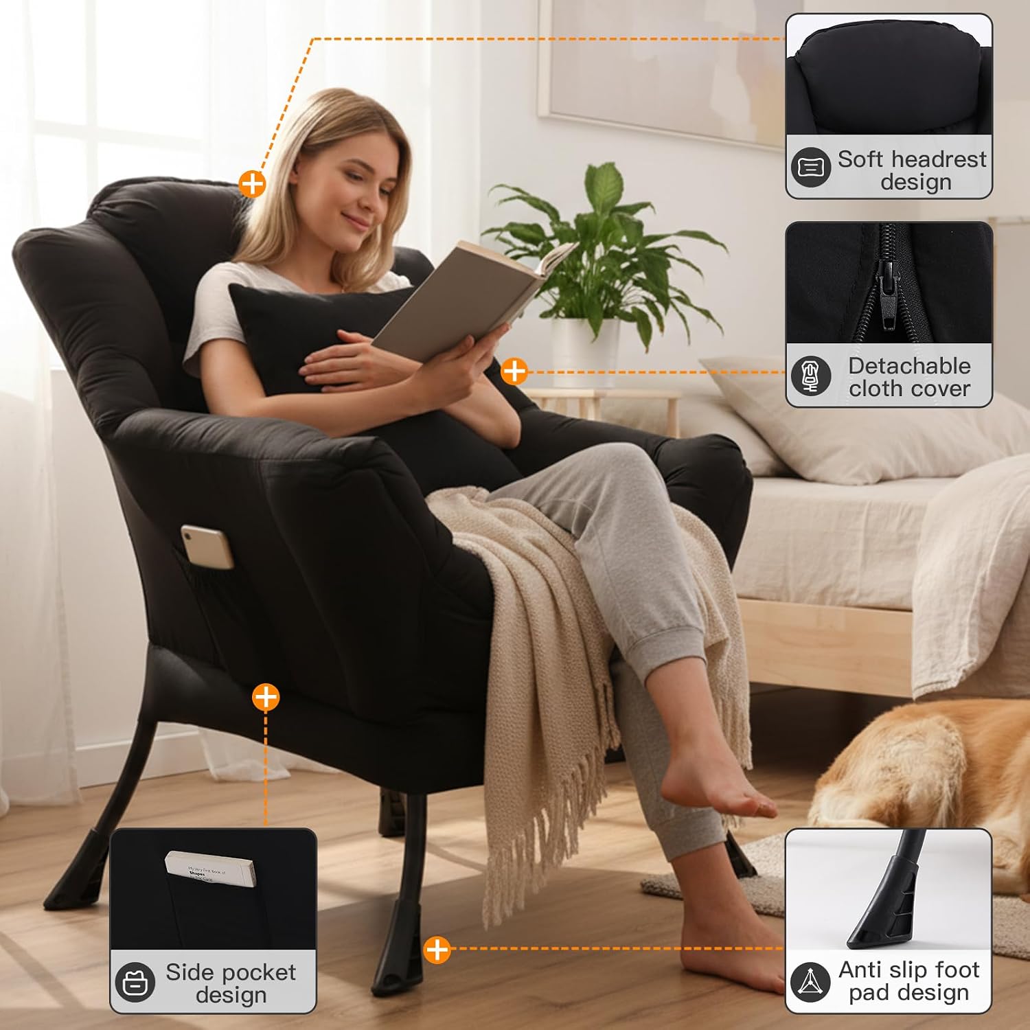 Lazy Chair for Living Room, Large Black Accent Chair with a Throw Pillow, Leisure Sofa Chair Set, Comfy Reading Chair for Bedroom, Dorm Room, Office