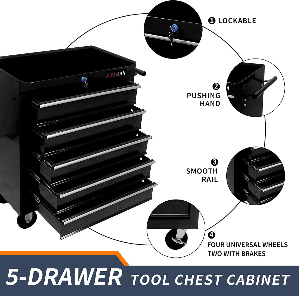 5 Drawers Rolling Tool Box，Tool Chest on Wheels, Lockable Tool Storage Cabinet Organizer Cabinet for Garage, Warehouse, Repair Shop, Workshop