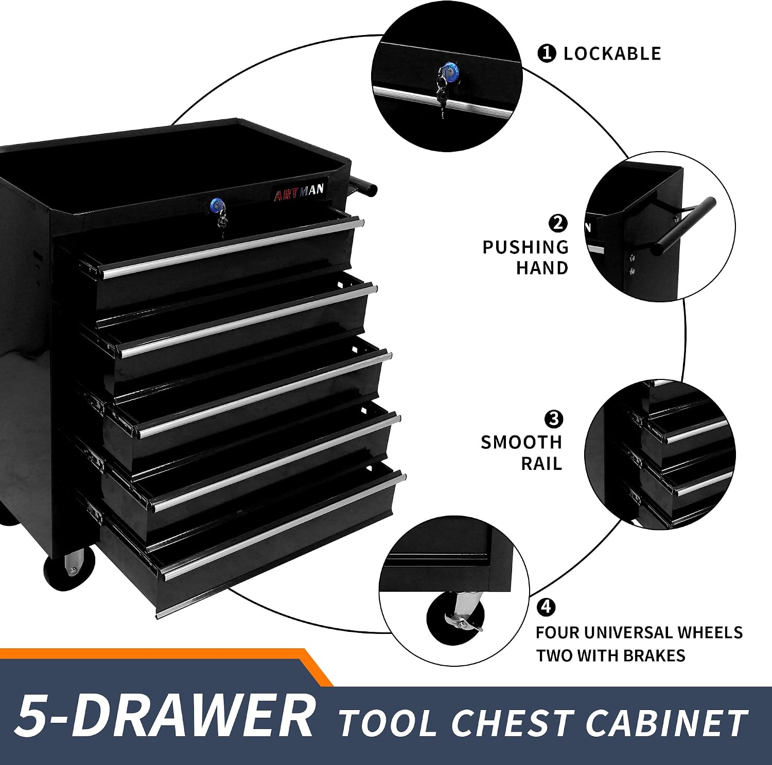 5 Drawers Rolling Tool Box，Tool Chest on Wheels, Lockable Tool Storage Cabinet Organizer Cabinet for Garage, Warehouse, Repair Shop, Workshop