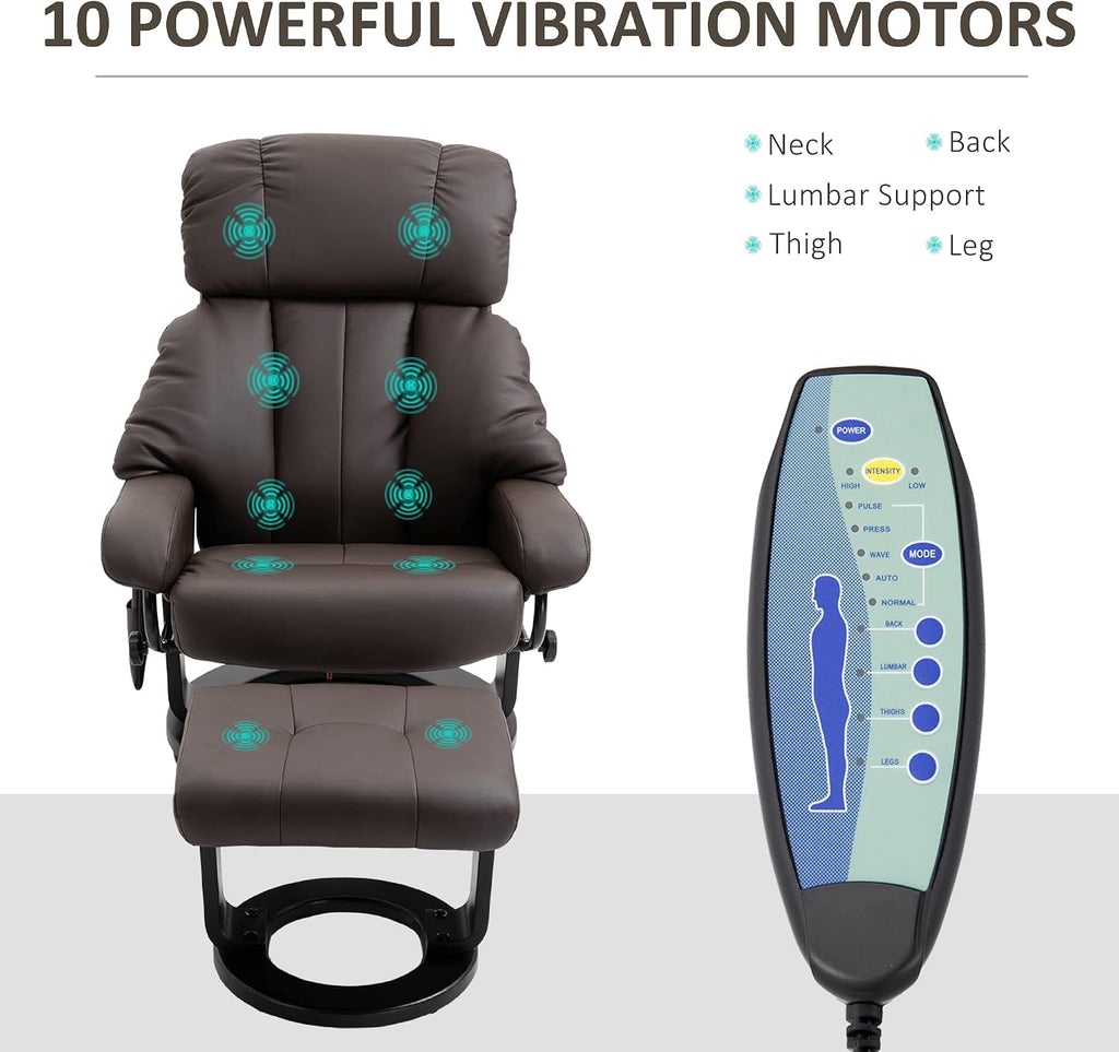 HOMCOM Massage Recliner Chair with Ottoman, 360° Swivel Recliner and Footstool, 10 Point Vibration, PU Leather Reclining Chair with Side Pocket and Remote Control, Brown