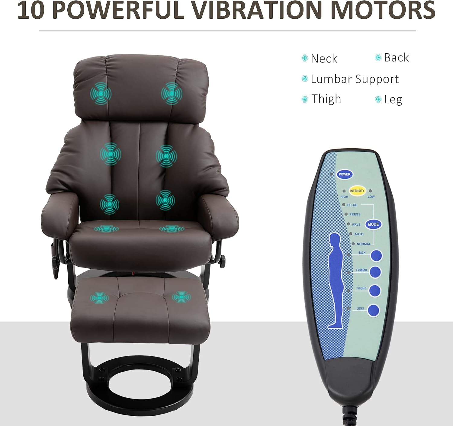 HOMCOM Massage Recliner Chair with Ottoman, 360° Swivel Recliner and Footstool, 10 Point Vibration, PU Leather Reclining Chair with Side Pocket and Remote Control, Brown