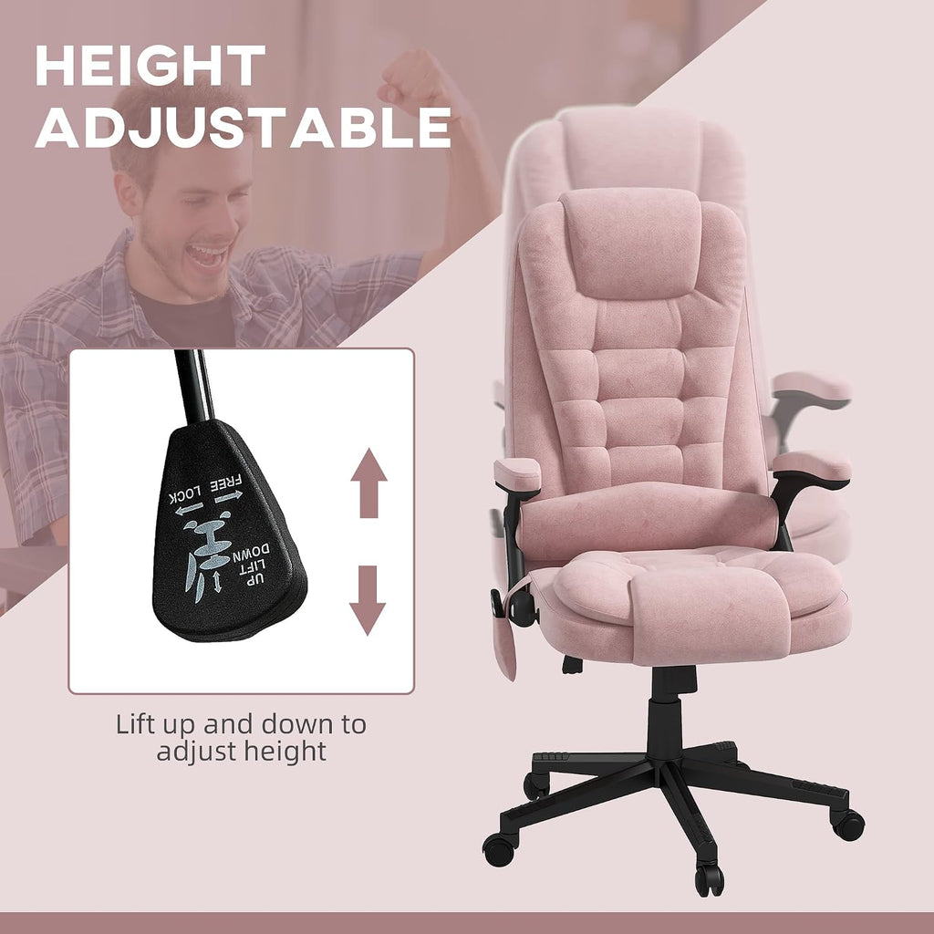 HOMCOM Executive Office Chair with 6 Points Vibration Massage and Heated Lumbar Support, Velvet High Back Computer Chair with Reclining Backrest, Tilt Function and Padded Armrests, Pink