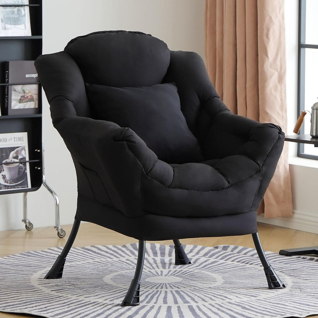 Lazy Chair for Living Room, Large Black Accent Chair with a Throw Pillow, Leisure Sofa Chair Set, Comfy Reading Chair for Bedroom, Dorm Room, Office