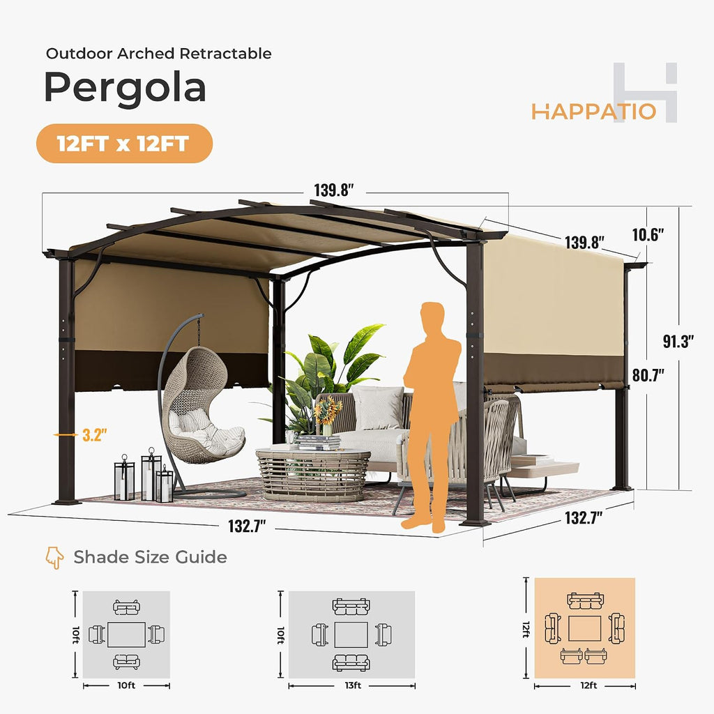HAPPATIO 12' x12' Outdoor Retractable Pergola, Aluminum Pergola with Canopy Fixed in Various Positions, Arched Roof with Sun Shade Canopy Metal Frame for Backyards, Gardens, Patios (Brown)